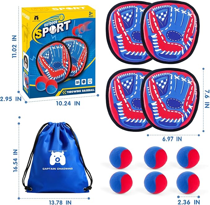 Toss and Catch Ball Set Outdoor Games for Kids, Beginner Toddler Baseball Training Glove Sticky Ball Catch Toys, Beach Pool Yard Games Toys for Kids and Family, Baseball Gift for Boys Girls Ages 3-12