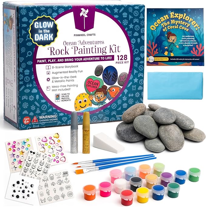 Pinwheel Crafts Rock Painting Kit for Kids Ages 6-12 –14 Rocks, 16 Acrylic Paints (Glow & Metallic), 2 Glitter Glues, Brushes, Stickers, Gems & Googly Eyes – Fun Kids Craft Kits for Boys & Girls