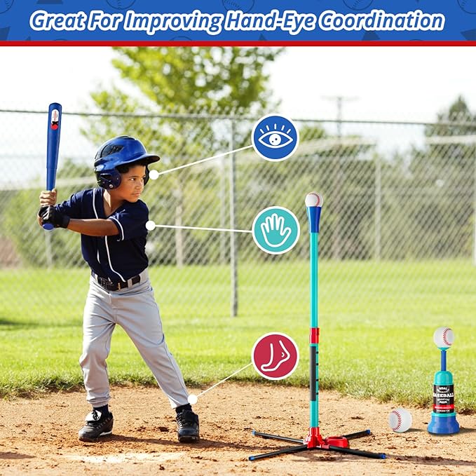 3-in-1 T Ball Set for Kids: Hanging Batting Tee + T Ball Stand Set Auto BaseBall Launcher for Toddlers & Youth Adjustable Height with 2 Bats 6 balls Outdoor&Indoor Toys Sports Gifts for 3-12 years old