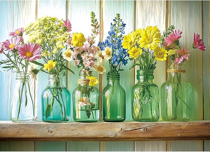 1000 Piece Puzzle for Adults Floral Glass Mason Jar Spring Garden Colorful Flowers Unique Adult Jigsaw Puzzles with Letters on Back Fun Adult Games for Game Night(27.6"x19.7")