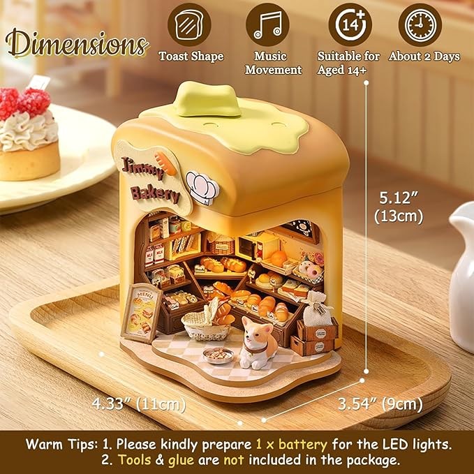 TuKIIE DIY Miniature House Kit with Furniture, 1:100 Scale Creative Room Mini Wooden Dollhouse Book Nook Plus Music Movement for Kids Teens Adults(Bakery Shop)