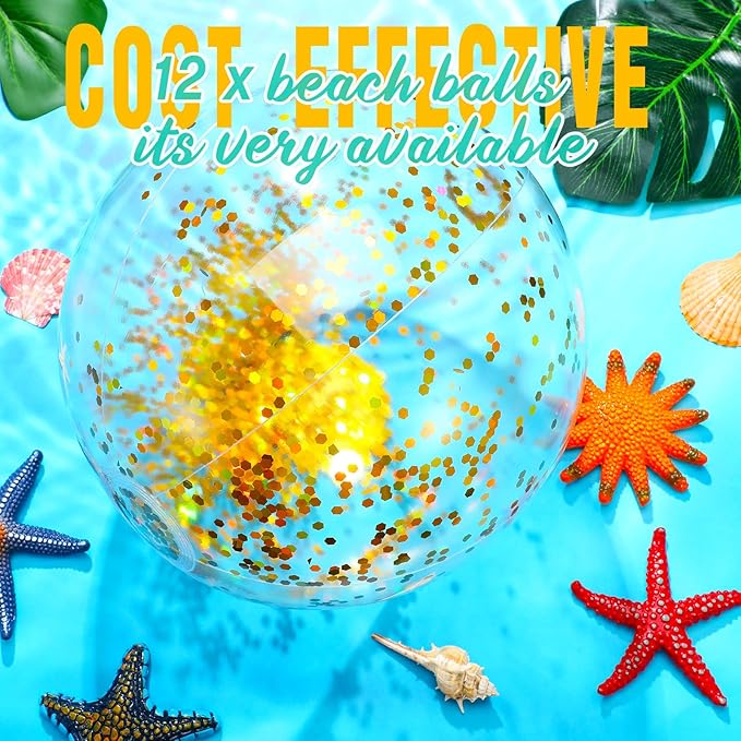 Lewtemi 12 Pcs Inflatable Glitter Beach Balls 16 Inch 24 Inch Shiny Giant Confetti Balls Swimming Pool Beach Blow up Balloon for Outdoor Summer Party Wedding Decor(Gold)