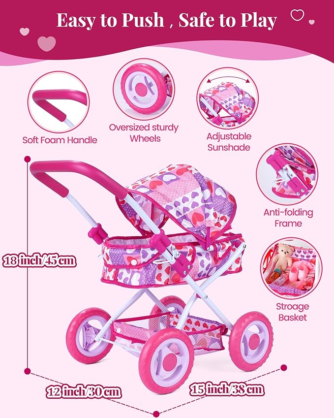 BABESIDE Baby Doll Stroller Set, 10-Piece Portable Doll Stroller with Baby Doll Accessories for Pretend Play, Feeding & Care Playset for Girls 3+, Fits 12-Inch Dolls (Doll Not Included)