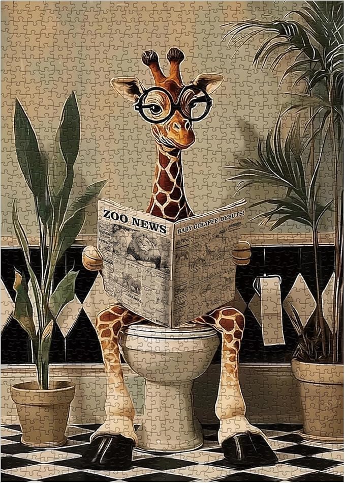 Funny Giraffe Newspaper Puzzles for Adults 1000 Pieces, Vintage Cute Bathroom Animal Jigsaw Puzzle, Difficult Toilet Paper Art Puzzles