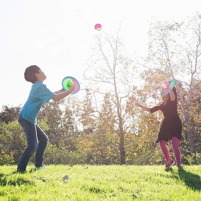 Novelty Place Toss and Catch Ball Set - Paddle toss Ball Toy Throw and Catch Game - Ball Catching Outdoor Sports Fun for Kids - 2 Self Stick Paddles, 2 Fuzzy Balls & A Storage Bag