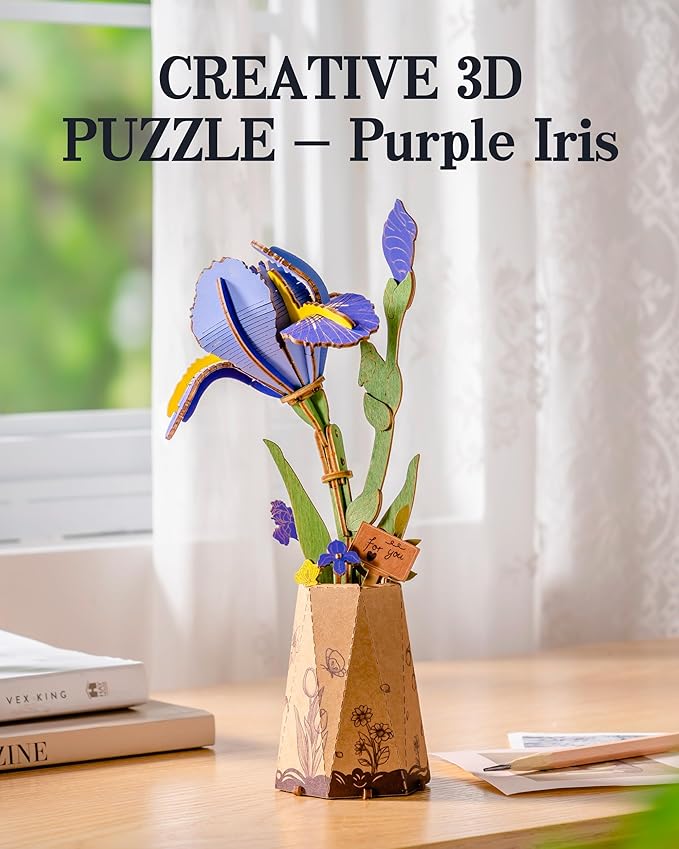 ROBOTIME Purple Iris 3D Wooden Puzzle - DIY Flower Craft Kit for Adults, Artificial Iris Model to Build, Valentine's Day Gift, Home Decor, Birthday Present