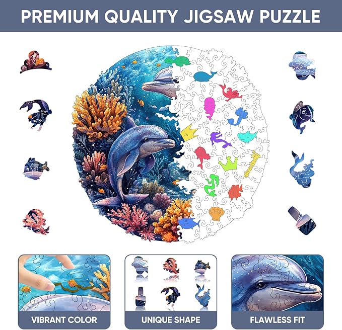Qiuenisray Wooden Puzzles for Adults 500 Pieces, Dolphins Wood Jigsaw Puzzles, FSC Certified Royal Unique Shape Ocean Adult Puzzles, Irregular Creative Gift for Family Game 16.5 x 16.5 in