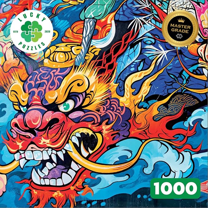 Kabuki Red Dragon - 1000 Piece Jigsaw Puzzle for Adults | Vibrant Graffiti Art Puzzle | Best New Japanese Dragon Puzzle