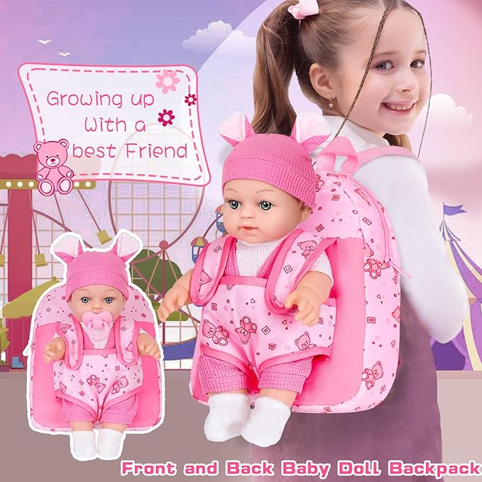 12" Baby Doll With Bear Pattern Backpack Carrier In Gift Box,12 Inch Realistic Baby Dolls With Clothes And Accessories Hanky Pacifier Bottle Pretend Baby Care Toy Collection For Child Toddler 3+ Gifts