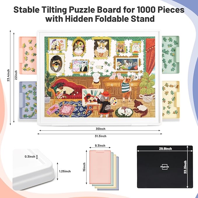 Playboda 1000-Piece Tilting Puzzle Board (30"x22") with 4 Color Drawers and Protective Mat, Adjustable Puzzle Table with Built-in Stand, Ideal Puzzle Gift for Adults