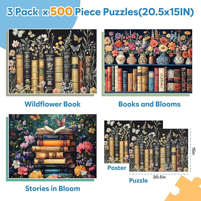 3 Pack Wildflower Puzzles for Adults 500 Pieces, Vintage Flower Book Puzzle, Recycled Cardboard Plant Jigsaw Puzzle for Book Lover, Floral Art Bookshelf Library Puzzles Challenging Gift for Seniors