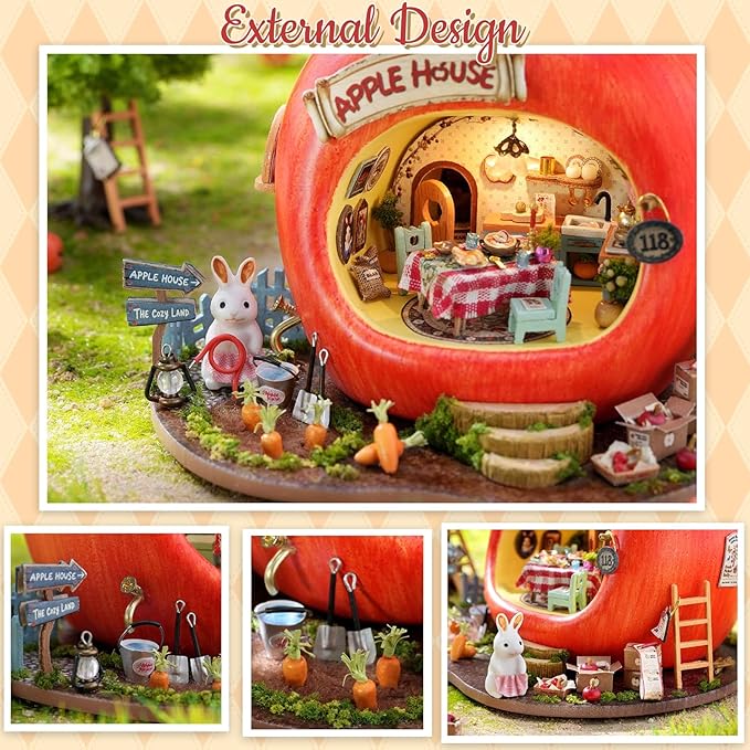 TuKIIE DIY Miniature House Kit with Furniture, 1:100 Scale Creative Room Mini Wooden Dollhouse Book Nook for Kids Teens Adults(Apple House)
