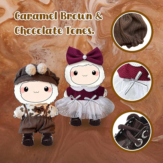 Handmade 17cm Doll Clothes - Cute Styles 15cm/17cm Dolls Outfits, Burgundy Bow - Burgundy Dress - Brown Shoes for Dress Up Gift（Including Shoes） (Wine red Set)