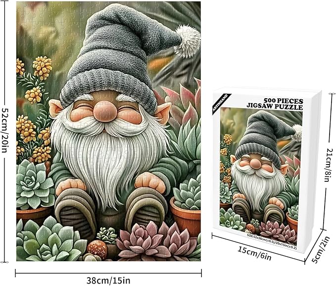 Great Jigsaw Puzzles for Adults 500 Pieces Gnome Succulents Wooden Challenging Puzzles Gift for Friends Family Home Decoration Puzzle