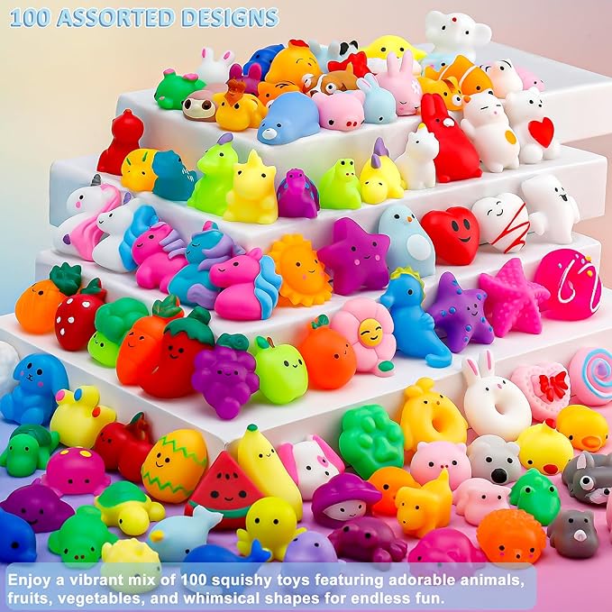 100 Pack Mochi Squishy Toys, Easter Basket Stuffers Party Favors for Kids 4-8-12,Birthday Gifts Treasure Box Classroom Prizes Goodie Bag Stuffers, Mini Squishy Fidget Toys, Carnival Prizes in Bulk