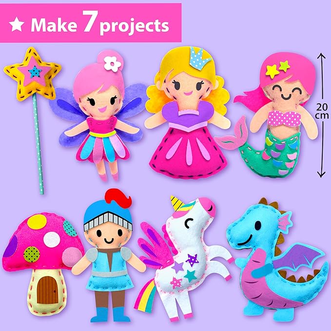 KRAFUN Easy Sew Fairy Tales Sewing Kit for Kids Beginners, Make 8 DIY Felt Plush Toys with Pre-Punched Holes, Arts & Crafts for Girls Ages 5-10