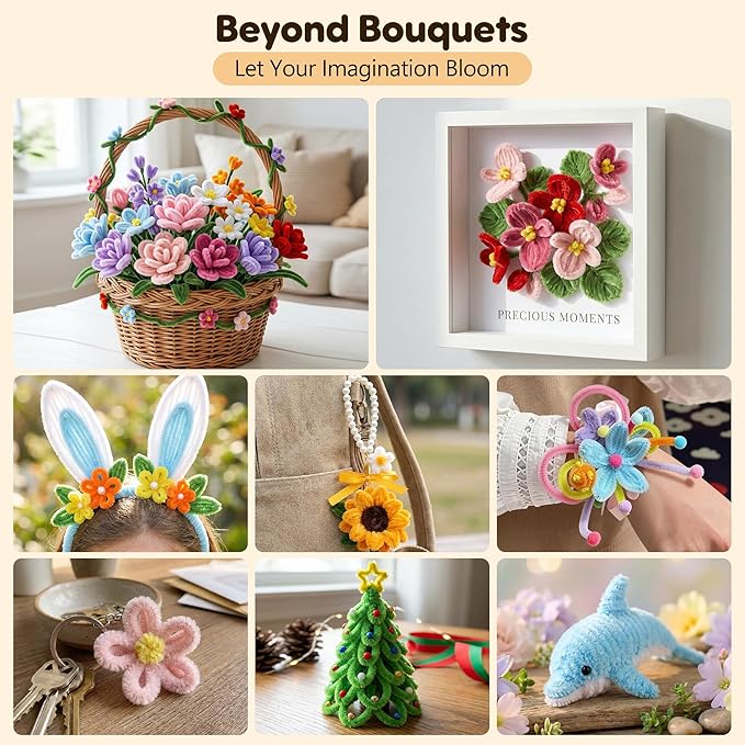 EARLY MINDS 800Pcs Pipe Cleaner Flower Bouquet Kit, 12 Colors Chenille Stems Craft Making Set with Floral Tape, Flower Stems, Gift Wrap & More, DIY Bouquet Handmade Gifts for Mother