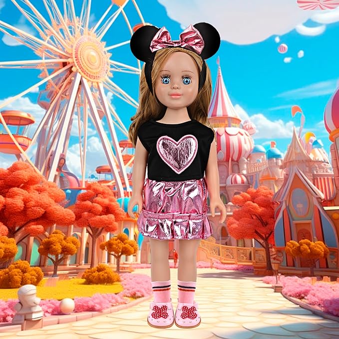 MSYO 18 Inch Doll Clothes & Accessories Set,Black Pink Heart Top & Metallic Pink Skirt Outfit with Mouse Ears Headband,Sunglasses,Socks,Shoes,Bracelet,Fits 16-18 Inch Baby Dolls(Pink)