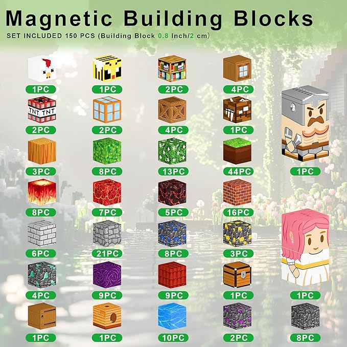150PCS Magnetic Building Blocks Set – 0.8in Pixel World Construction Toys, Universal Compatibility, STEM Creative Play Set for Kids Ages 3+, Grass, Lava & Portal Scenes