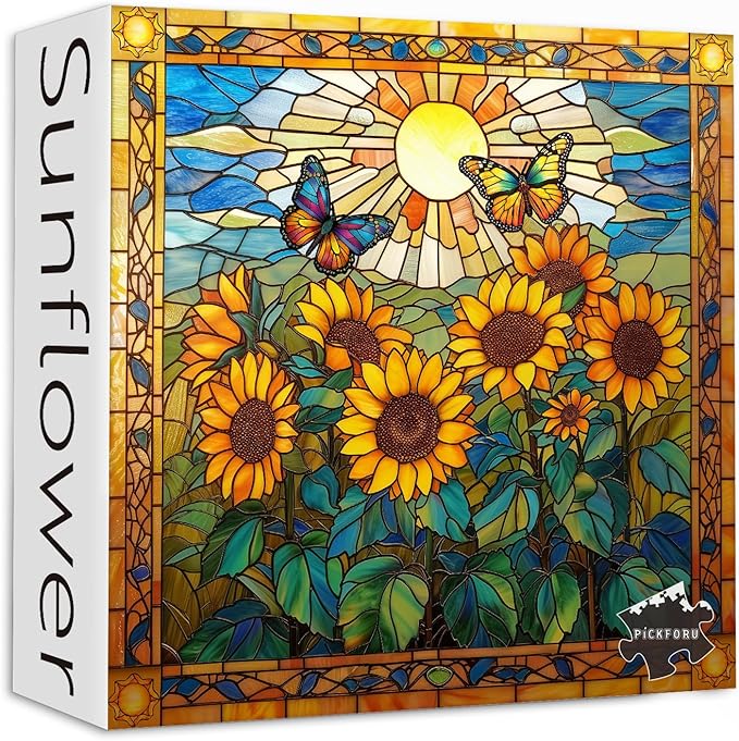 Stained Glass Puzzles for Adults 1000 Pieces and up, PICKFORU Sunflowers Puzzle as Home Decor, Butterfly Flower Puzzles as Home Decor