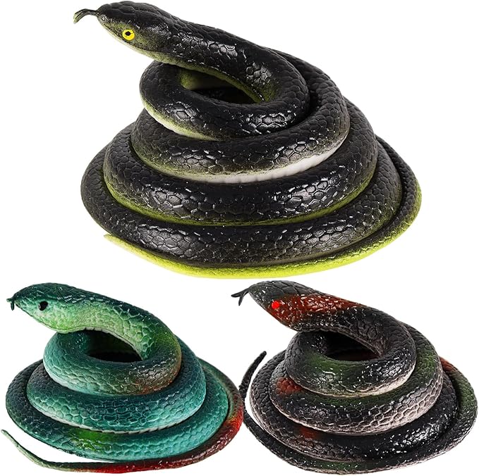 3 Pcs Realistic Snakes Rubber Plastic Snakes Prank Snake Colorful for Party, Tricking People, Garden Props Decorations, Assorted Sizes