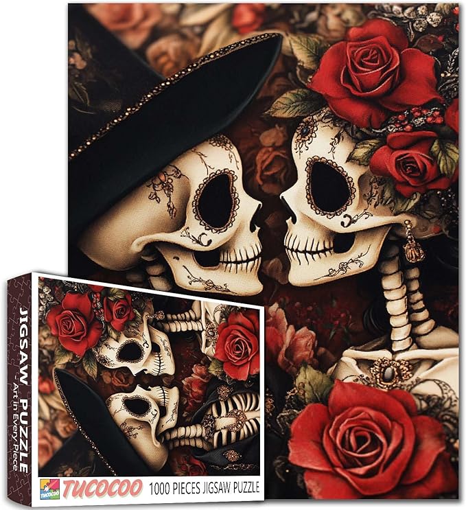 Halloween Skeleton Couple Jigsaw Puzzle 1000 Pieces for Adults Day of The Dead Art Puzzles for Challenging Family Activity Games Intellectual Decompressing Fun Family Game for Home Decor Gifts