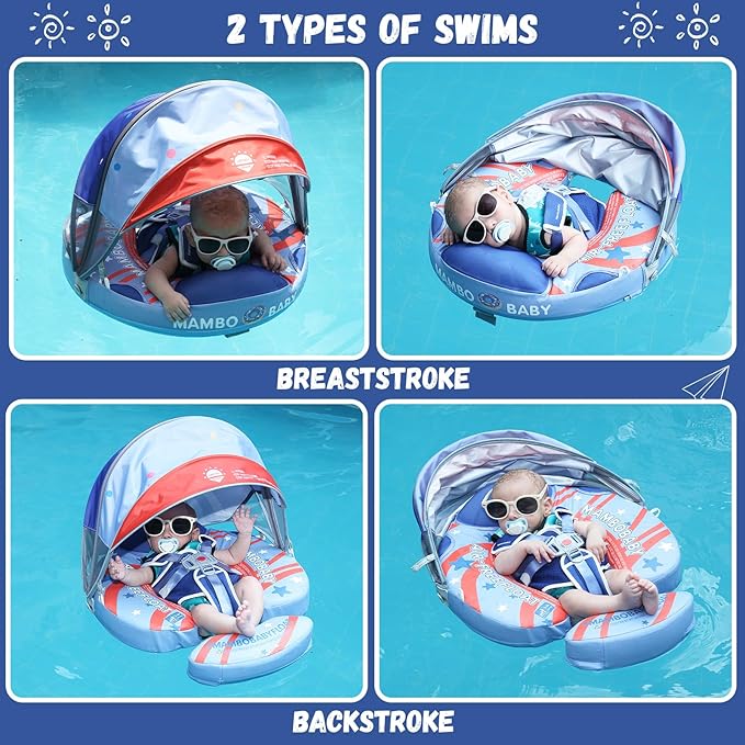 Mambobaby Baby Swim Float with Canopy Non-Inflatable Infant Pool Float with Tail 3-24 Months Avoid Flip Solid Skin-Friendly Material for Toddler Boys Girls