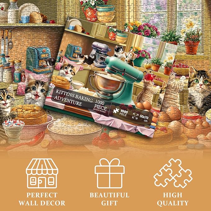 Cat Puzzles for Adults 1000 Pieces, Funny Puzzles Kittens, Food Cake Cat in Kitchen Puzzle, Animal Kitty Jigsaw Puzzle Challenge