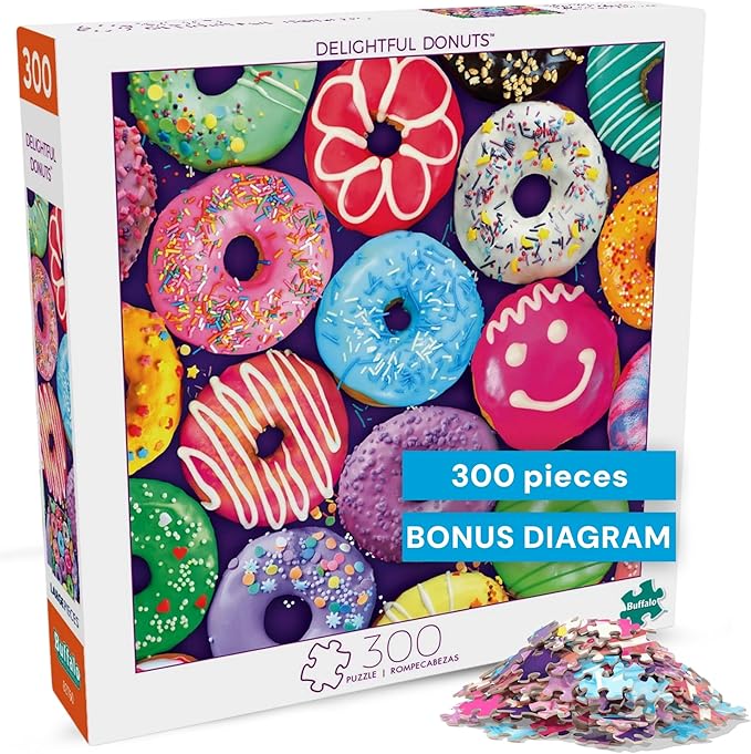 Buffalo Games - Delightful Donuts - 300 Piece Jigsaw Puzzle for Adults with Oversized Pieces - Colorful Large Jigsaw Puzzle with Fun Donut Art - Finished Size 21.25 x 15