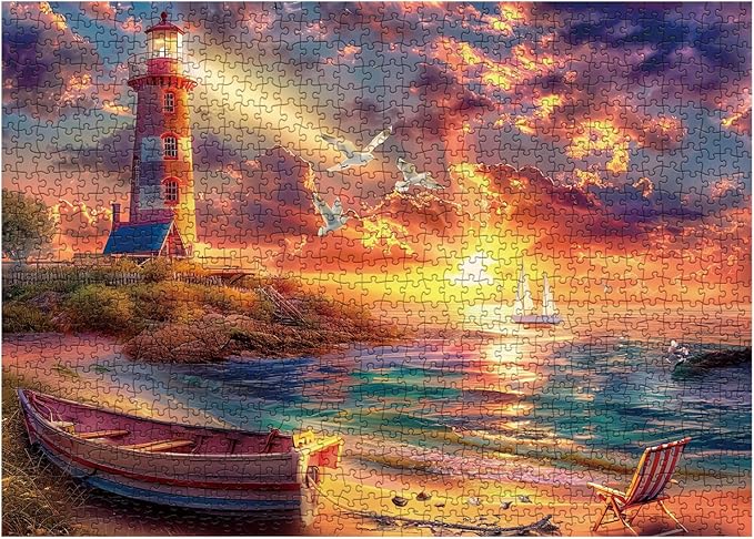 Beach Ocean Lighthouse Puzzle for Adults 1000 Pieces Nature, Summer Sunset Landscape Jigsaw Puzzle, Sailboat Scenery Puzzle
