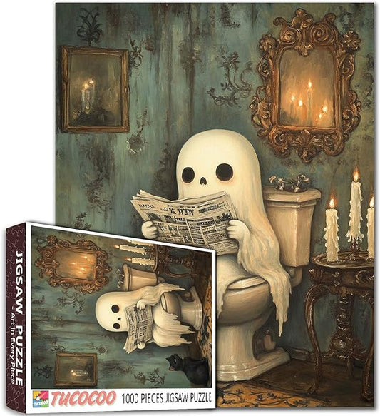 1000 Piece Ghost Halloween Jigsaw Puzzle for Adult,Candle Toilet Little Devil and Newspaper Brain Challenge Educational Game Relaxation Entertainment Activity Decorative Puzzle