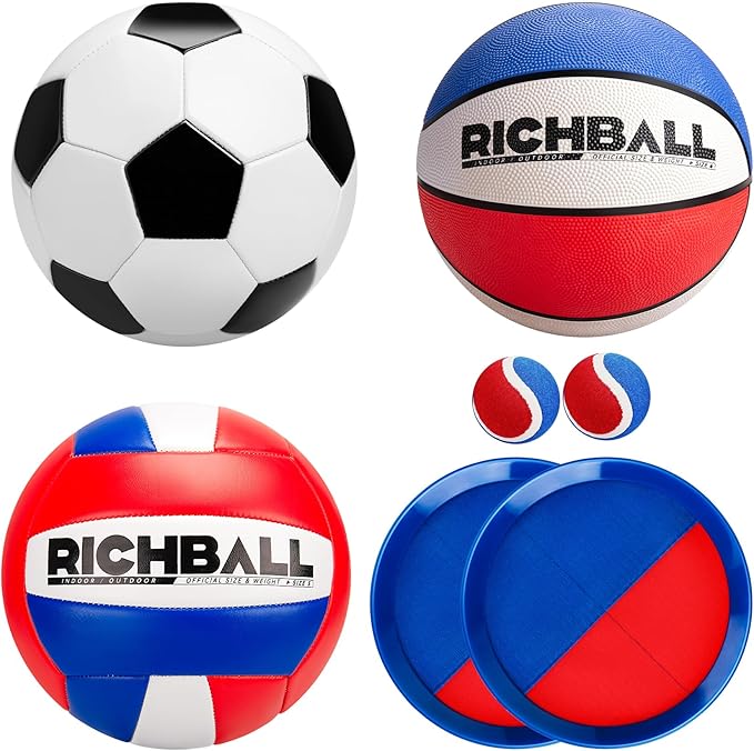 Richball 4-in-1 Outdoor Sports Ball Set for Kids – Soccer, Basketball, Volleyball and Toss & Catch Paddle Ball Game – All-in-One Gift Stocking Stuffers for Kids Boys & Girls Ages 3+