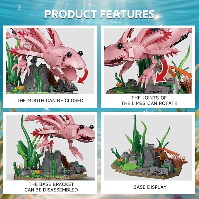 Axolotl Building Set, Compatible with LEGO Animals, 998 PCS Marine Animal Building Kit with Movable Joints & Display Base, STEM Building Toy Gift for Adults & Teens 14+, Creative Gift Desk Decor