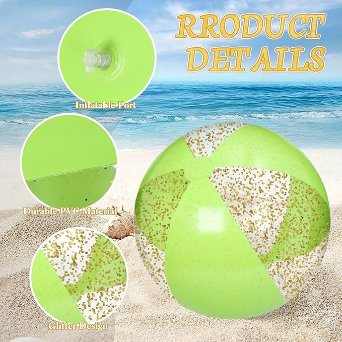 Realspring 2 Pcs 48'' Giant Beach Balls for Swimming Pool 4 Ft Jumbo Glitter Confetti Inflatable PVC Pool Balls Large Summer Blow up Beach Toys for Adults Summer Outdoor Party Favor(Green)
