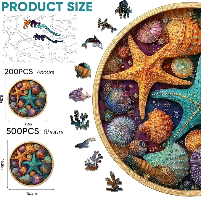 Mocfesk Wooden Puzzles for Adults, Shell Starfish Puzzles 500 Pieces, Unique Shaped Underwater Ocean Jigsaw Puzzles for Adults and Kids, Birthday Gifts Fun Challenge Family Game 16.5'' x 16.5''