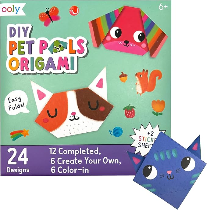 Ooly DIY Paper Kit, 24 Animal Origami Designs & Stickers, Kit Includes 12 Completed, 6 Blank and 6 Color-in Folding Pet Origami Designs