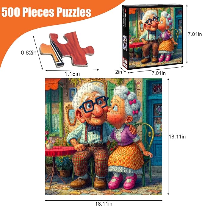 Grandma Kiss Grandpa Paper Puzzles for Adults 500 Pieces - Elderly Couple Love Jigsaw Puzzles, Grandparents Commemorative Puzzle, Challenging Valentine Day Old People Puzzle for Couples Date Night