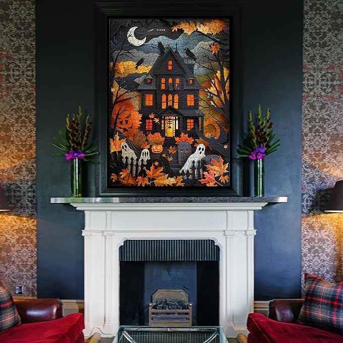 Halloween Puzzles Paper Cut Art Puzzle 1000 Pieces for Adults, Horror Jigsaw Puzzle Scary House, Ghost Autumn Collage Puzzle for Family Decorations