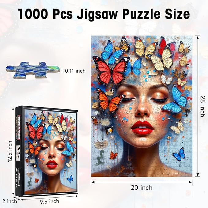 Butterfly Woman Face Puzzles for Adults 1000 Pieces, High Difficulty Surreal Abstract Portrait Art Jigsaw Puzzle with Letters on Back, 20x28 Unique Wall Decor & Family Game, Easter