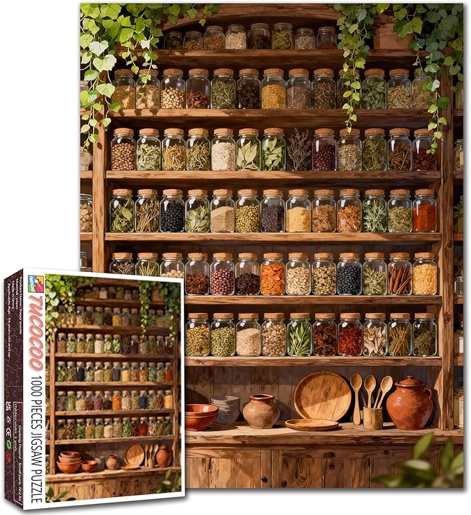 Glass Bottle Food Puzzles 1000 Pieces for Adults, BookshelfSpice Jars Jigsaw Puzzles for Challenging Family Activity Games DIY Puzzle for Home Wall Decor Gifts - 19.7 x 27.6 Inches