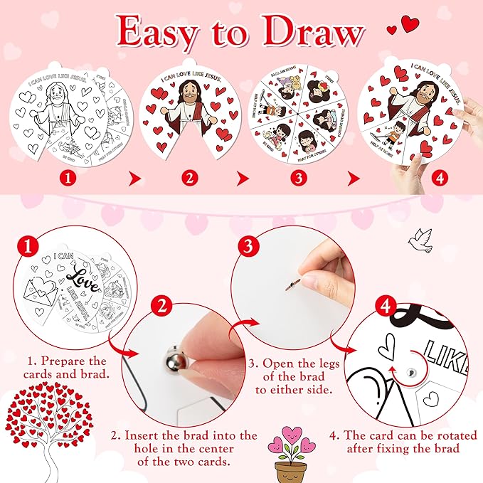 COcnny Valentine’s Day Christian Coloring Craft for Kids - 24 Sets Color Your Own Valentines Religious Art Cards, DIY Sweet Jesus Bible Wheel Paper for Church Sunday School Classroom Class Activities