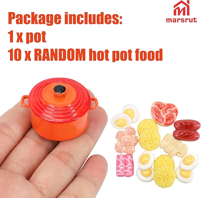 Miniature Cooking Pot & Food Set, 1/6 Dollhouse Cookware Pots & 10 Random Hot Pot Food Items, Kitchen Accessory Utensils, Minature Dutch Oven Stock for House Scene Model Decoration Accessories