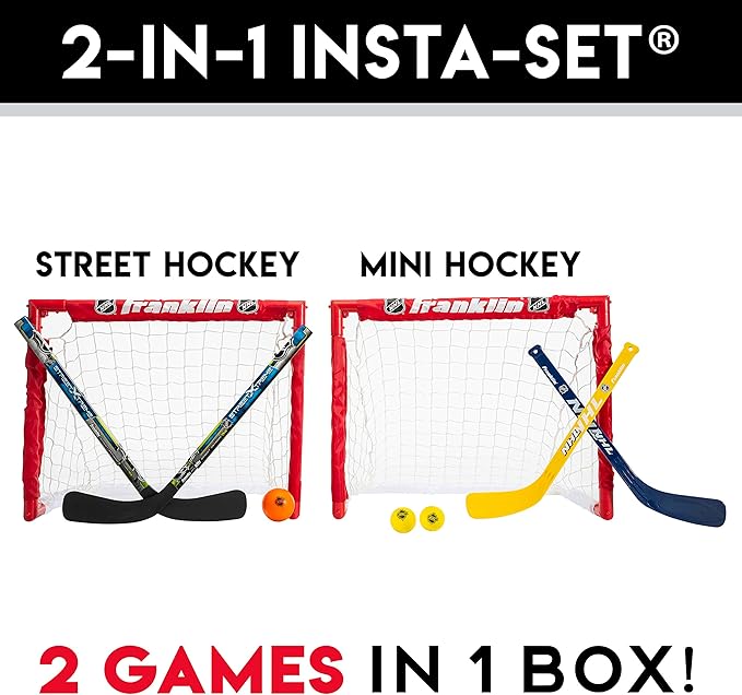 Franklin Sports - NHL Kids Folding Hockey Goals Set - (2) Street Hockey & Knee Hockey Goals - (2) Adjustable Youth Hockey Sticks, (2) Knee Hockey Sticks, (2) Mini Hockey Balls + (1) Street Hockey Ball