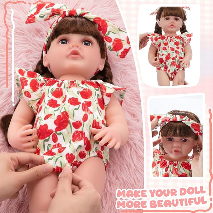 3 Set Reborn Baby Doll Clothes Set for 17-22 Inch Colorful Babydolls Clothes Outfits Realistic Babydolls Cute Floral Pattern Dress Accessories with Headband Bulk for Dress up Girl Kids Gift