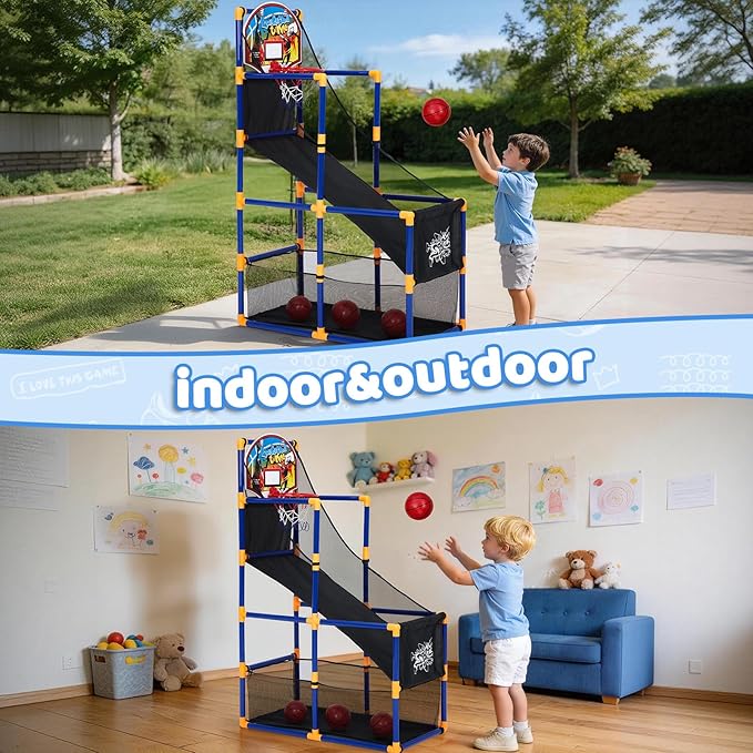 Basketball Arcade Game Set with 4 Balls – Indoor & Outdoor Basketball Hoop and Dart Game, Height Adjustable Sports Toy with Ball Return Ramp for Boys & Girls Ages 3+