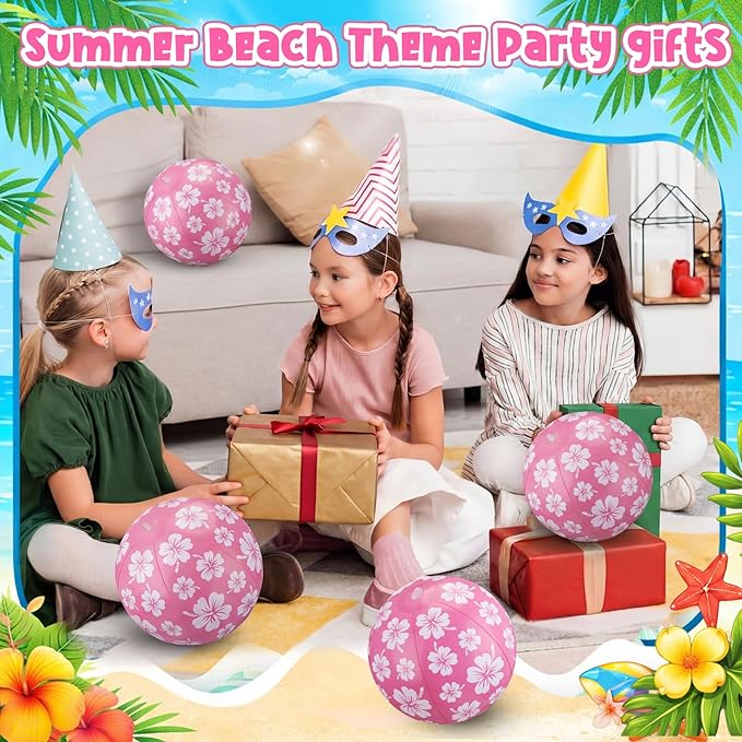 Soulchen 12 Packs Hawaiian Beach Ball for Kids Bulk 7.87 Inch Summer Inflatable Hibiscus Print Beach Balls Flower Summer Pool Toys Games for Swimming Birthday Luau Party Decoration Party Favor
