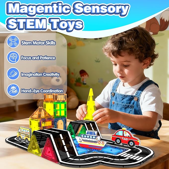 Magnetic Tiles Road Set 100Pcs- Magnetic Building Blocks for Kids Ages 3-5 and 4-8, Preschool STEM Sensory Toys for Toddlers 3-5, Educational Construction Gift for Boys & Girls Birthday Christmas