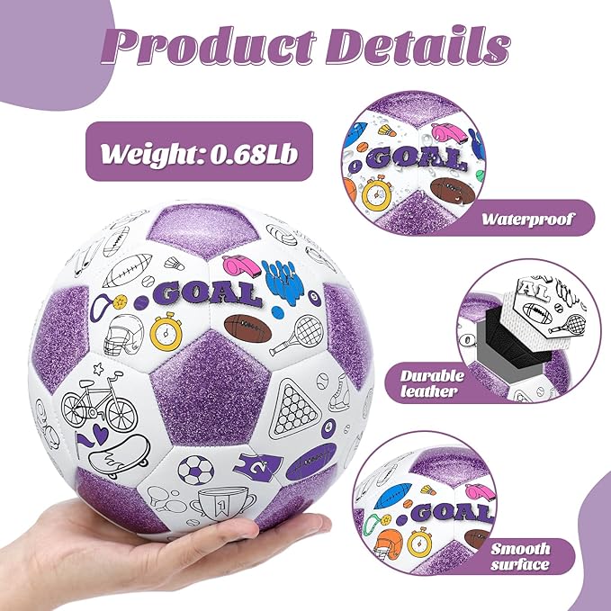 Size 4 Color Your Own Soccer Ball Purple DIY Custom Craft Kit with Pump 12 Markers Personalized Youth Toddler Training Paint Your Own Toy Creative Gift for Kids (Purple Soccer Ball, 4)