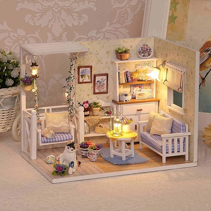 TuKIIE DIY Miniature Dollhouse Kit with Furniture, 1:24 Scale Creative Room Mini Wooden Doll House Accessories Plus Dust Proof for Kids Teens Adults(Kitten Diary)