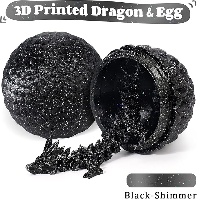 3D Printed Dragon Egg, Mystery Crystal Dragon Fidget Toys Surprise, Easter Eggs Articulated Crystal Dragons (Black Shimmer)